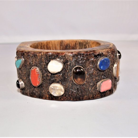 X-Wide Vintage Wooden “Bark” Bangle with Silver Inset Semi-Precious Stones (2) - Picture 2 of 5